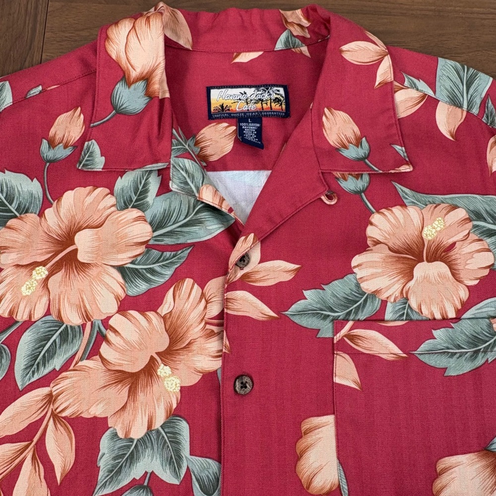 Havana Jacks Cafe Mens Large Red Hibiscus Floral Rayon Hawaiian Camp Shirt L